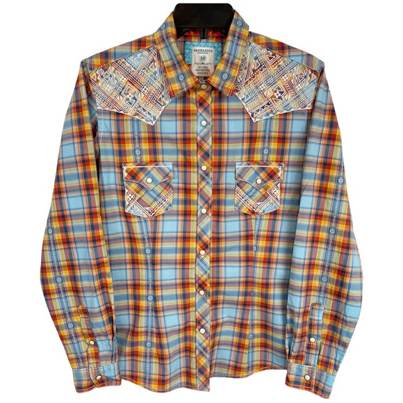 Panhandle Rough Stock Tops - Panhandle Rough Stock Embroidered Western Flip Cuff Shirt M Plaid Aztec Blue